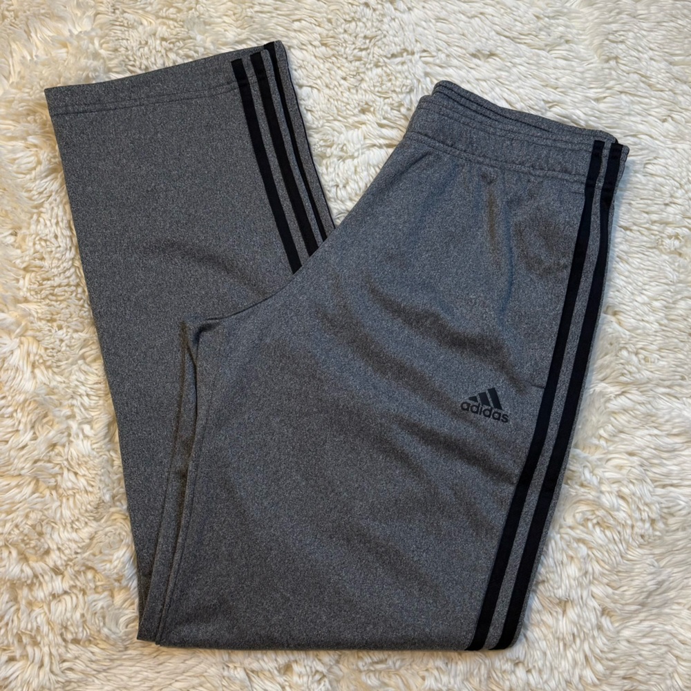 Adidas Wide Leg Heather Grey Athletic Track Pants w/ Classic Stripes